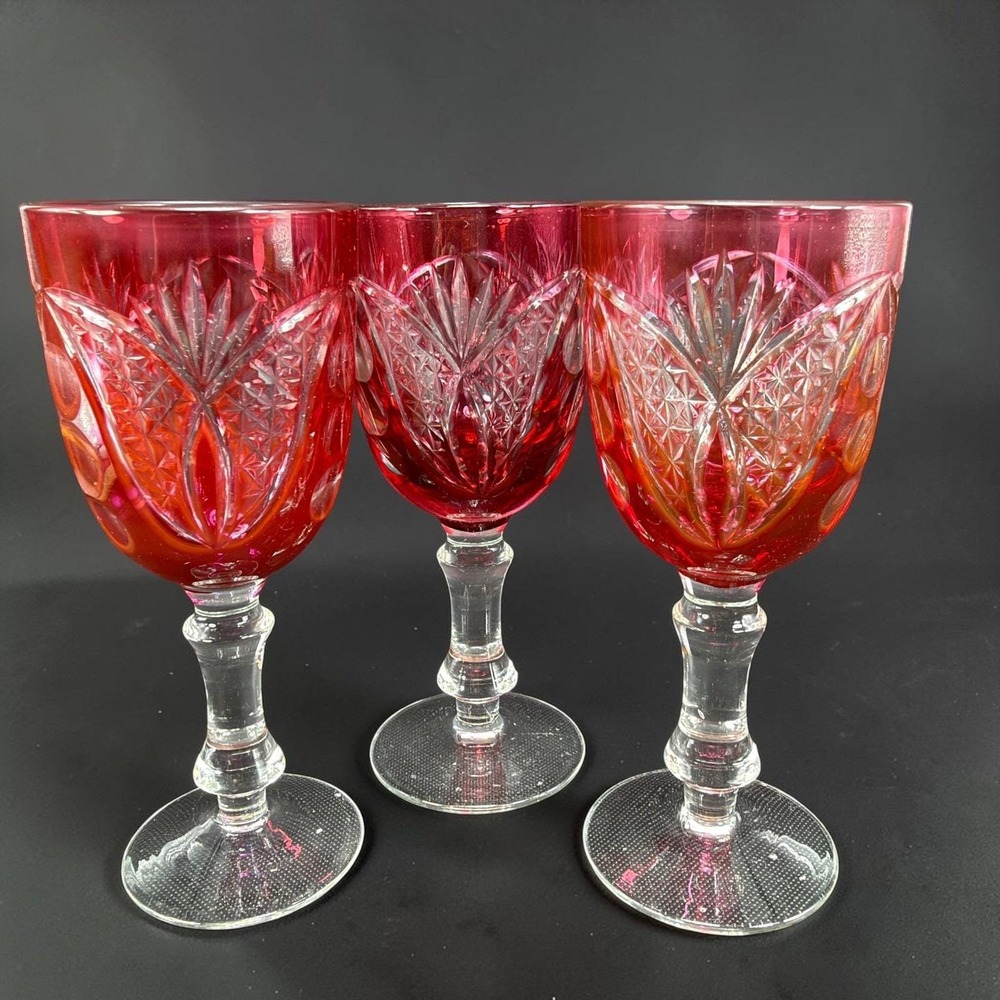 Vintage Ruby Red Cut Glass Goblets Set of 3 Clear Stem Wine Water Glasses 5.25in